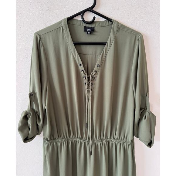 Mossimo Olive Green Lace-Up Midi Dress Size XL – Roll Tab Sleeve Polyester - Picture 2 of 4